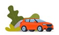 Red modern Suv car, side view. Green bushes on the background. Vector illustration Royalty Free Stock Photo