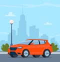 Red modern Suv car, side view. Modern urban landscape with high-rise buildings skyscrapers on background. Vector illustration Royalty Free Stock Photo