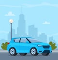 Red modern Suv car, side view. Modern urban landscape with high-rise buildings skyscrapers on background. Vector illustration Royalty Free Stock Photo