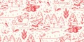 Red modern toile de Jouy Christmas pattern repeat fabric print background