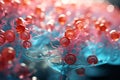 Red molecules on a blue background. Virus background. Template with viruses for medical recognition