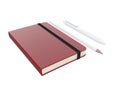 Red moleskine or notebook with pen and pencil and a black strap front or top view isolated on a white background 3d rendering Royalty Free Stock Photo