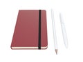 Red moleskine or notebook with pen and pencil and a black strap front or top view isolated on a white background 3d rendering Royalty Free Stock Photo