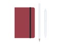Red moleskine or notebook with pen and pencil and a black strap front or top view isolated on a white background 3d rendering Royalty Free Stock Photo