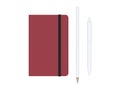 Red moleskine with pen and pencil and a black strap front or top view isolated on a white background 3d rendering