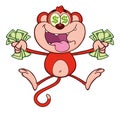 Red Monkey Cartoon Character Jumping With Cash Money and Dollar Eyes