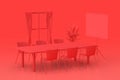 Red Monochrome Duotone Office Meetroom Modern Interior with Window, Table, Chairs and Projection Screen. 3d Rendering Royalty Free Stock Photo