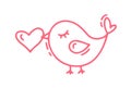 Red Monoline cute bird with heart. Vector Valentines Day Hand Drawn icon. Holiday sketch doodle Design element valentine Royalty Free Stock Photo