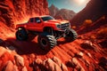 Red Monster truck ferocious going up the mountain, Trending on artstation Style poster vector illustration Royalty Free Stock Photo