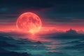 Huge red moon rising over mountain range sci-fi futuristic illustration wallpaper background Royalty Free Stock Photo