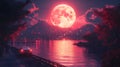 Red moon night city car drive waterfront Royalty Free Stock Photo