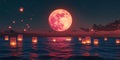 Red Moon Night Scene Floating Lanterns and Pixel Art Landscape Royalty Free Stock Photo
