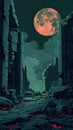 Red moon over futuristic city ruins