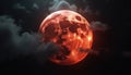 Red moon partly veiled by dark clouds in night sky. Celestial body glows with internal light. Abstract space view, eclipse phase, Royalty Free Stock Photo