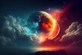 Red Moon peeks out from behind clouds, Night Background, Ai generative Royalty Free Stock Photo