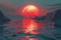 Concept Lunar Phenomenon, Ocean Views, Astronomy, Nature Red Moonrise Over Crimson Tide Royalty Free Stock Photo