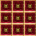 Red mosaic tiles and golden ornaments seamless 3d texture.