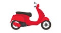 Red motor scooter with a step-through frame