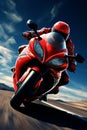 Red motorbike, ridden by a skilled motorcyclist in a helmet, racing down a road with speed and precision