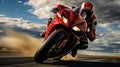 Red motorbike, ridden by a skilled motorcyclist in a helmet, racing down a road with speed and precision