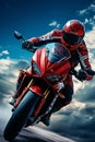 Red motorbike, ridden by a skilled motorcyclist in a helmet, racing down a road with speed and precision