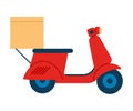 Red motorcycle with box goods. Online delivery service, transportation, delivery home. Vector illustration