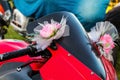 Red motorcycle with festive bows on the steering wheel.