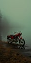 Romantic Riverscapes: A Cinematic Still Shot Of An Empty Red Motorcycle In Soft Mist