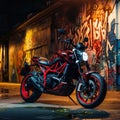 a red motorcycle parked in front of a graffiti-covered generative AI