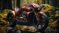 A red motorcycle parked on wet surface