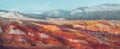 Red mountains of Altai regions. Blue peaks in the background. Panoramic view Royalty Free Stock Photo