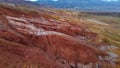The red mountains look like a Martian landscape. Aerial