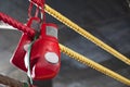 Red Muay Thai boxing gloves in fighting ring