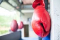 Red Muay Thai boxing gloves hanging on Corner of boxing ring in Royalty Free Stock Photo