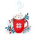 Red mug with christmas hot chocolate or coffee with whipped cream surrounding with branches, floral elements. Christmas