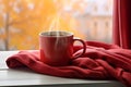 Red mug drink scarf window. Generate Ai