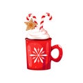 Red mug of hot chocolate, cocoa. Christmas drink with candy cane and whipped cream.