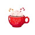 Red mug of hot chocolate, cocoa. Christmas drink with marshmallows, candy canes.