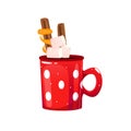 Red mug of hot chocolate, cocoa. Christmas drink with marshmallows,cinnamon.