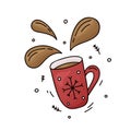 Red mug with hot chocolate, cocoa, tea or coffee. Hand drawn vector concept. Color doodle illustration for card, poster. Cartoon Royalty Free Stock Photo