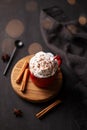 Red mug with hot chocolate or cocoa with whipped cream on a wooden stand with cinnamon sticks and star anise scattered around on a