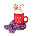 Red mug of hot chocolate, cocoa.wrapped in a warm scarf. Christmas drink.