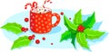 Red mug of hot chocolate with marshmallow and candy canes with holly berries . Design for Xmas, New year or winter