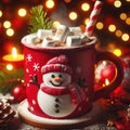 Red mug with hot chocolate with melted marshmallow snowman