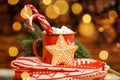 Red mug with hot chocolate. Winter holiday decoration. Holidays Royalty Free Stock Photo