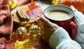 Red mug with hot cocoa on table with fallen maple leaves, round lamps, garlands, cinnamon sticks, warm blanket. Autumn atmosphere,