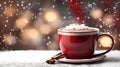 A red mug with a hot drink on a white snow-covered table with a winter snow background and a bokeh backlight.