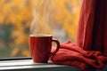 Red mug scarf window cozy. Generate Ai