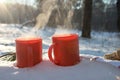 red mugs with a hot drink soar in the cold, mugs in the snow on a Sunny frosty day, picnic in the winter