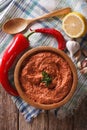 Red Muhammara and ingredients close-up. Vertical top view Royalty Free Stock Photo